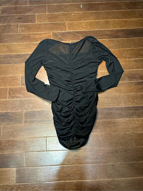 Ruched Long Sleeve Mini Dress in Black Size Medium